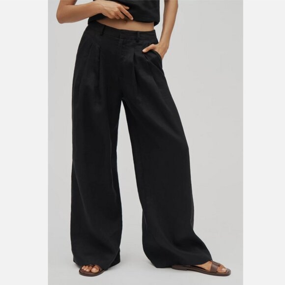 Anthropologie The Avery Linen Pleated Wide-Leg Trousers Pants Maeve Black L NWT - Picture 2 of 5